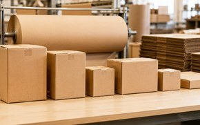 Ряд крафтовых гофрокоробов разных размеров на упаковочном производстве Ряд крафтовых гофрокоробов разных размеров на упаковочном производстве